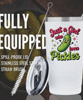 Pickle Girl Vibes 20 Oz Insulated Stainless Steel Travel Tumbler With Secure Lid next to pickles and a straw brush.