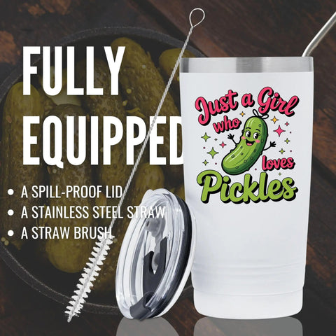 Pickle Girl Vibes 20 Oz Insulated Stainless Steel Travel Tumbler With Secure Lid next to pickles and a straw brush.