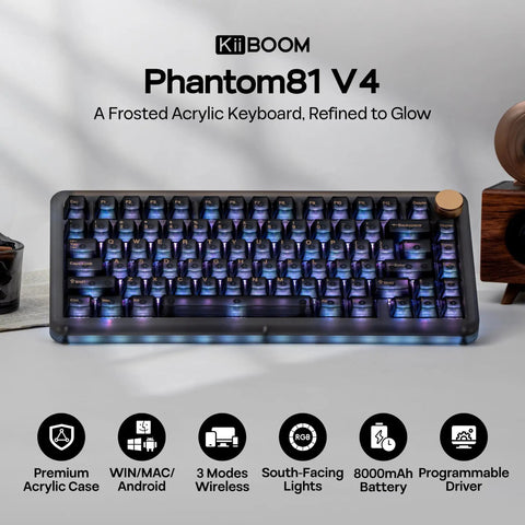 75 Percent Mechanical Keyboard With Top Shelf Frosted Acrylic Casing And Creamy Gasket Mount Smooth Wireless Gaming Board With Massive Battery Life RGB Shine Through Caps Hot Swappable Switches And Full NKRO Support In Matte Black on a desk.