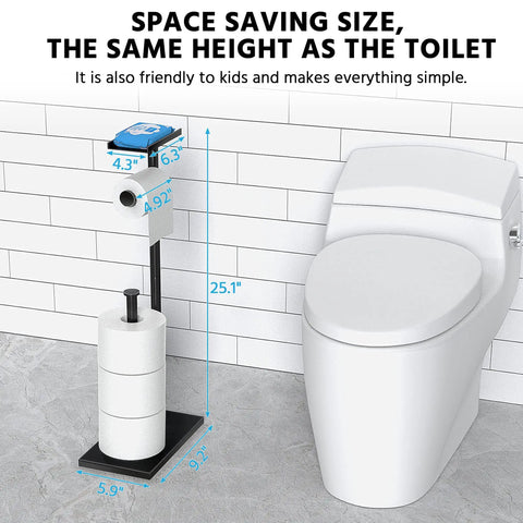 Free Standing Toilet Paper Holder With Phone Shelf, Rust Proof Carbon Steel Stand shown next to toilet for bathroom decor