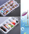 40 Piece Hard Metal Spinner Lure Kit With Tackle Boxes For Bass Pike Walleye Trout Salmon Colorful Spoon Baits For Freshwater Fishing Multipack Lure Set showing opened tackle box and lure size details.