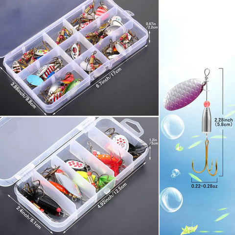 40 Piece Hard Metal Spinner Lure Kit With Tackle Boxes For Bass Pike Walleye Trout Salmon Colorful Spoon Baits For Freshwater Fishing Multipack Lure Set showing opened tackle box and lure size details.