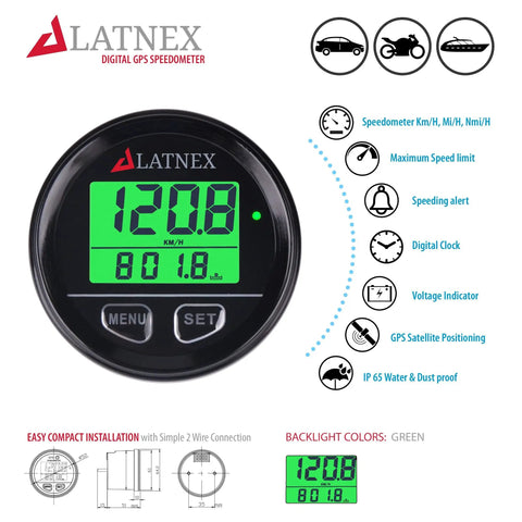 Waterproof GPS Speedometer With Real Time MPH KMH Display, Distance Traveled And Time, Easy Two Wire Install, front view