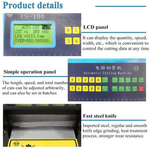 Heavy Duty Automatic Cable Pipe Cutter Compatible With Pvc And Heat Shrink Tubing Featuring Slick Guide Rail Quick Cut Speed And No Hassle Multi Material Trimming Capability LCD control panel with adjustable cutting data.