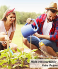 Man and woman gardening together outdoors with watering can and tools, enhancing their bond through planting activities.