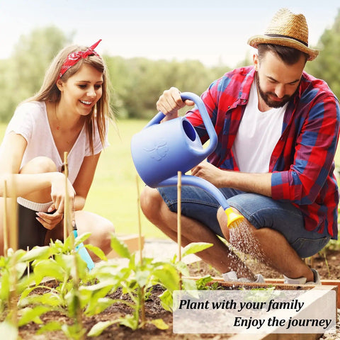Man and woman gardening together outdoors with watering can and tools, enhancing their bond through planting activities.