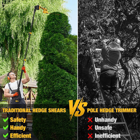 Comparison of traditional hedge shears and 4-In-1 Cordless Pole Hedge Trimmer With 2x3000mAh Batteries, 16 Ft Reach use.