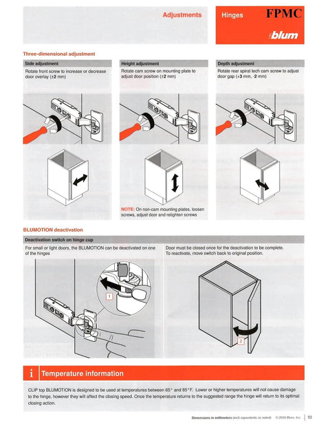 Diagram showing Soft Close Hinges For Face Frame Cabinets With 110 Degree Self Closing Inset Doors, adjustment instructions.