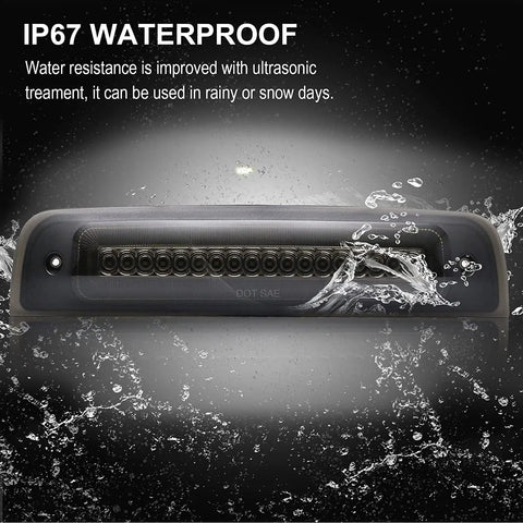 LED Strobe Third Brake Light for Ram Trucks 1500 2500 3500 4500 5500 2010 Through 2018 F1 Style Red Flash Smoked High Mounted Stop Light Beef Up Visibility With Seal Foam Gaskets, showing IP67 waterproof feature with water splash effect