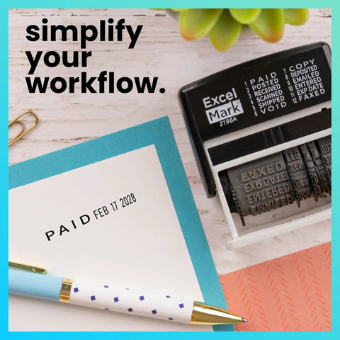 Workhorse Self Inking Date Stamp With Twelve Rotatable Bands For Paid Received Posted Scanned Shipped Void Verified And Full Year Setup Built To Last For Busy Office Crews on a desk with stationery.