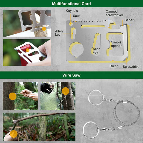 Must Have 30 In 1 Survival Gear Kit For Men And Outdoorsy Folks featuring multifunctional card and wire saw tools