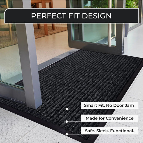 Heavy Duty Garage Floor Mat 3x5 Feet Charcoal With Non Slip Rubber Backing For High Traffic Areas Entryways And Workshops Industrial Grade Rug Built Tough As Nails And Easy To Clean Keeps Floors Protected In Commercial Spaces installed near a glass door