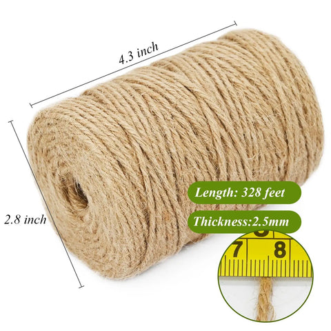 Heavy Duty Brown Jute Twine 328 Feet 2.5mm 4 Ply Roll with close-up of thickness measurement