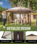 Easy Setup 13x13 Pop Up Gazebo With Wheeled STO-N-Go Cover Bag, large outdoor canopy tent in backyard, beige and coffee color