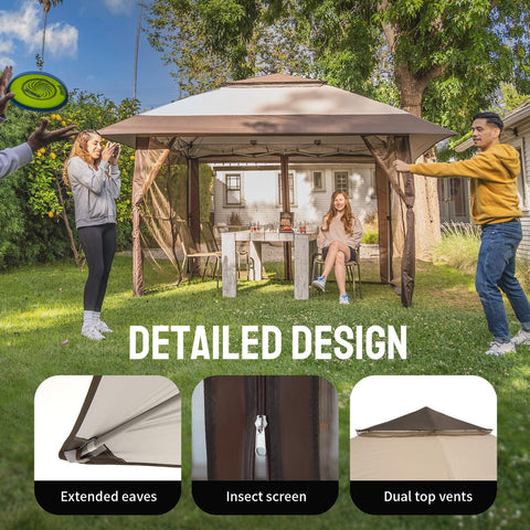 Easy Setup 13x13 Pop Up Gazebo With Wheeled STO-N-Go Cover Bag, large outdoor canopy tent in backyard, beige and coffee color