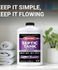 Septic Tank Treatment With Environmentally Friendly Bacteria Enzymes That Break Down Solids, 32 oz bottle on shelf with towels