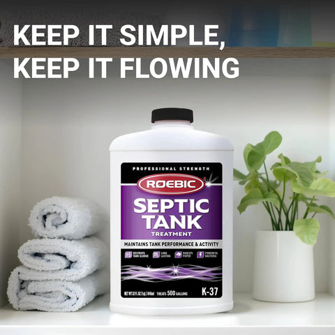 Septic Tank Treatment With Environmentally Friendly Bacteria Enzymes That Break Down Solids, 32 oz bottle on shelf with towels