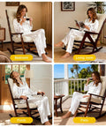 Woman seated on rocking chair with Thick Memory Foam Rocking Chair Cushions Set With Non Slip Ties for indoor outdoor beige 22x17 and 17x17 cushions