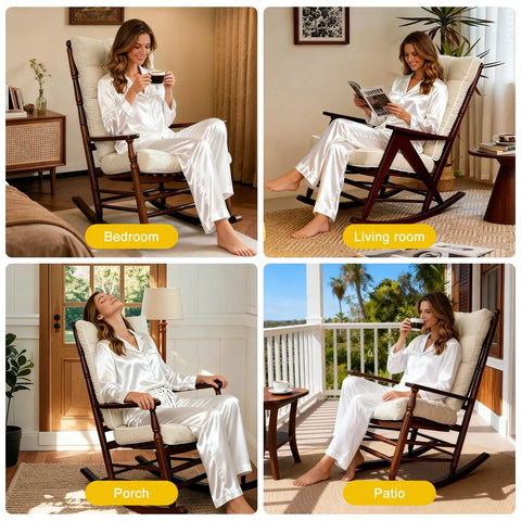 Woman seated on rocking chair with Thick Memory Foam Rocking Chair Cushions Set With Non Slip Ties for indoor outdoor beige 22x17 and 17x17 cushions
