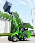 Badass Heavy Duty Telehandler Forklift With 4WD Drive System For High Reach Telescopic Lifting Over Rough Terrain At Construction Jobsites For Contractors, green telehandler lifting bucket.