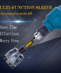 Side view of universal socket sleeve adapter attached to blue cordless drill for 3/8 inch drive