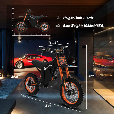 Electric Dirt Bike For Teens And Adults With 3000W Peak Mid Drive Motor displayed with dimensions