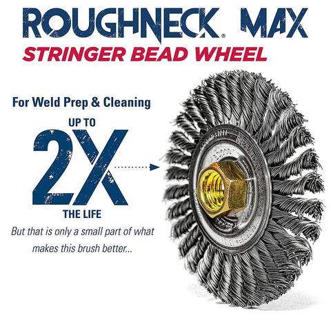 Roughneck Max Stringer Bead Wire Wheel for Weld Cleaning with Steel Fill Four Inch Wheel Pack of Five Includes UNC Nut