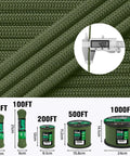 Heavy Duty 550 Lb Paracord 4Mm 7 Strand Core Rope Spool, 1000Ft with size chart for various lengths and green cord close-up
