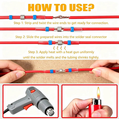 100 Pack 16 To 14 Awg Solder Seal Butt Connectors Blue Adhesive Lined Heat Shrink Cable Splices steps for use with heat gun.
