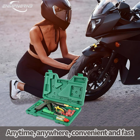 Woman using Tubeless Tire Repair Kit With Mushroom Plugs And Patch Kit For Quick Fix A Flat On Motorcycles Cars Trucks And ATVs