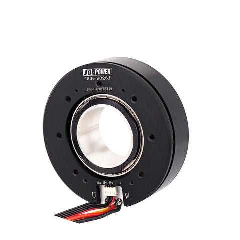 Top Shelf High Torque Dc Brushless Motor With Flat Gimbal Hollow Shaft And Built In Hall Sensor Runs Dead Smooth And Handles Heavy Loads On Rcs And Drones, 90mm size, black casing with visible wiring.