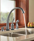 Pilar Kitchen Soap Dispenser For Sinks High Arc Design Arctic Stainless 13 Ounce Refillable Bottle beside faucet on counter