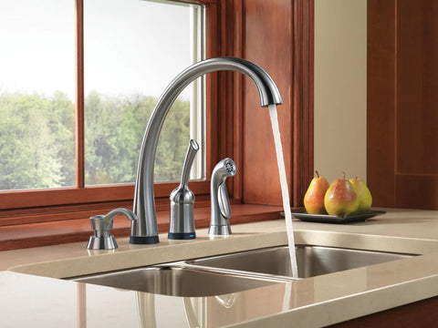 Pilar Kitchen Soap Dispenser For Sinks High Arc Design Arctic Stainless 13 Ounce Refillable Bottle beside faucet on counter