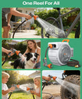 No Fuss Retractable Garden Hose Reel with 5/8 inch, 100 ft hose in use for watering garden, washing bike, pet, and car