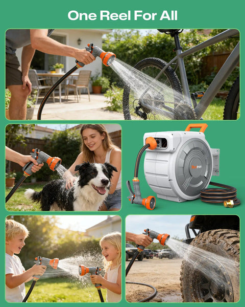 No Fuss Retractable Garden Hose Reel with 5/8 inch, 100 ft hose in use for watering garden, washing bike, pet, and car
