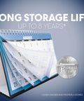 Real Deal CR1632 3 Volt Lithium Coin Cell Batteries Four Pack featuring a calendar showing storage life up to 8 years.