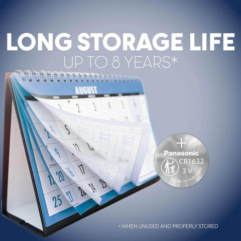 Real Deal CR1632 3 Volt Lithium Coin Cell Batteries Four Pack featuring a calendar showing storage life up to 8 years.