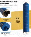 2-1/2 Inch Dry Diamond Core Drill Bits For Brick And Masonry With Nine Point Five Inch Drilling Depth And Five Eighths By Eleven Threaded Arbor Heavy Duty Diamond Concentration For Quick Cuts Through Soft Brick And Block Grit Size Thirty To Forty