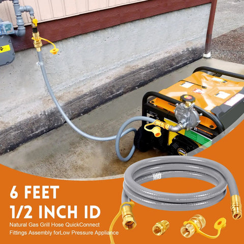 Six Foot Natural Gas Hose With Quick Connect Fitting For Grills Generators Patio Heaters And More Low Pressure One Half Inch Inner Diameter CSA Certified Flexible And Durable Gas Line For Outdoor Appliances