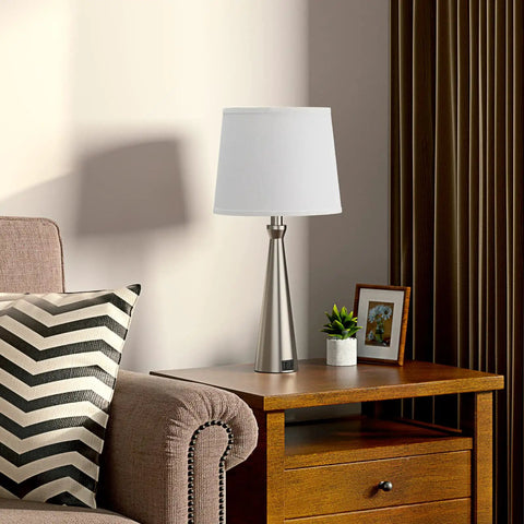 Set Of 2 Modern Table Lamps For Living Room And Bedroom With USB C And USB A Charging Ports Dimmable Touch Bedside Lamps With White Fabric Shade Nickel Finish Ideal For Master Or Guest Rooms End Table Lighting on wooden table