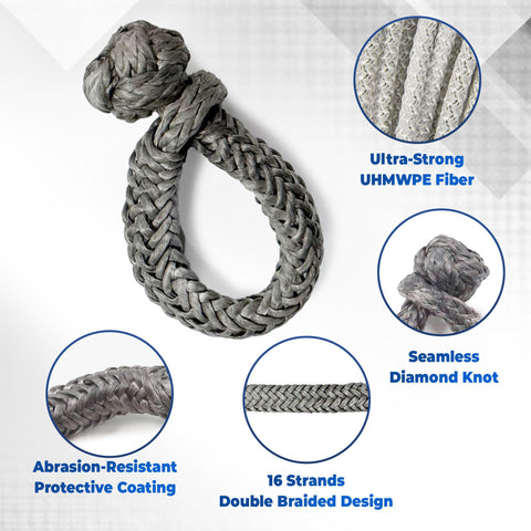 UHMWPE D Ring Anchor Soft Shackle For Heavy Duty Marine Rigging And Recovery, showing double braided design and seamless knot