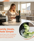 7-in-1 Electric Vegetable Chopper And Mincer With 7 Stainless Steel Blades for fast slicing cucumbers in a kitchen.