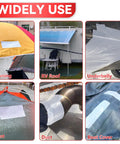 Heavy Duty Awning Patch Tape For Tarp Siding Boat Covers Tent Sail Waterproof UV Resistant White Repair Patch Kit in use on awnings, tents, RV roofs, underbellies, ducts, and boat covers