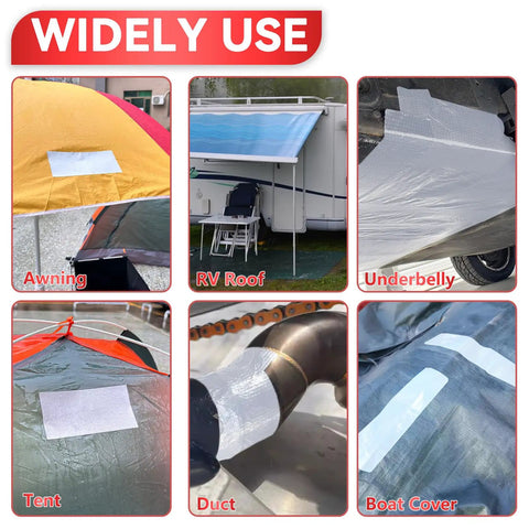 Heavy Duty Awning Patch Tape For Tarp Siding Boat Covers Tent Sail Waterproof UV Resistant White Repair Patch Kit in use on awnings, tents, RV roofs, underbellies, ducts, and boat covers