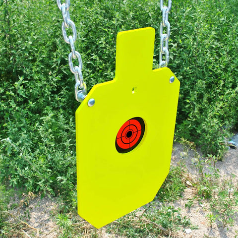 AR500 Steel Target Silhouette With Four Inch Bullseye Reactive Center Gong Opens And Resets On Hit Neon Color Powder Coat