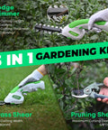 Close-up of 7.2V Cordless Hedge Trimmer And 2 In 1 Handheld Electric Shrub Trimmer with Grass and Pruning Shears in use.