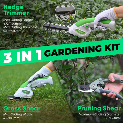 Close-up of 7.2V Cordless Hedge Trimmer And 2 In 1 Handheld Electric Shrub Trimmer with Grass and Pruning Shears in use.