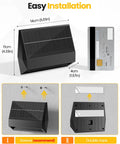 Diagram showing easy installation of 4 Pack Solar Fence Lights With Remote Control, dimensions, and comparison with a credit card.