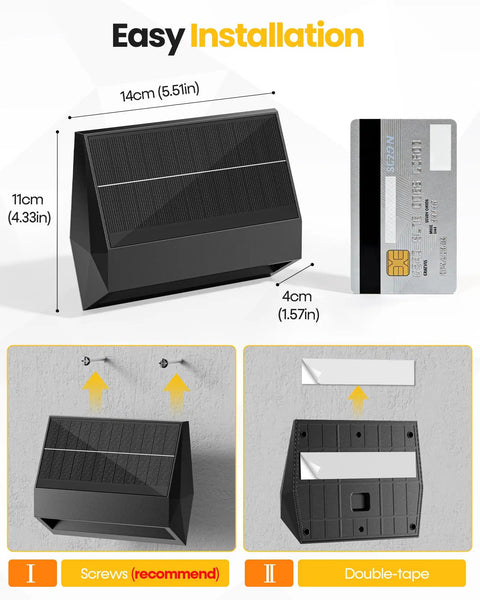 Diagram showing easy installation of 4 Pack Solar Fence Lights With Remote Control, dimensions, and comparison with a credit card.