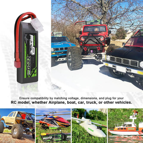 Beefy 3S LiPo Battery 2200mAh 11.1V 50C with Dean-Style T Connector and RC vehicles in background